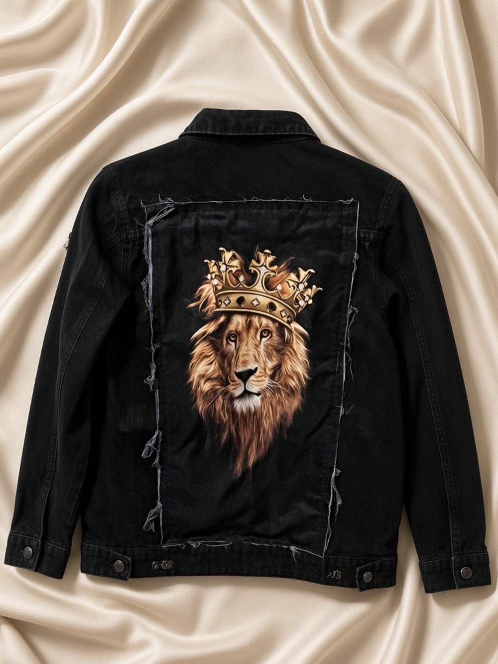 Vintage Black Denim Jacket with Gold-Tan Lion Crown Graphic